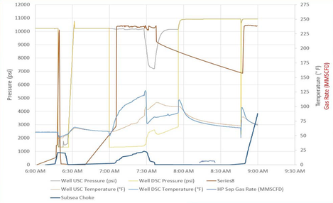 Gas Well Flow Assurance OLGA Simulation - Pressure Temperature Rate vs Time Graph